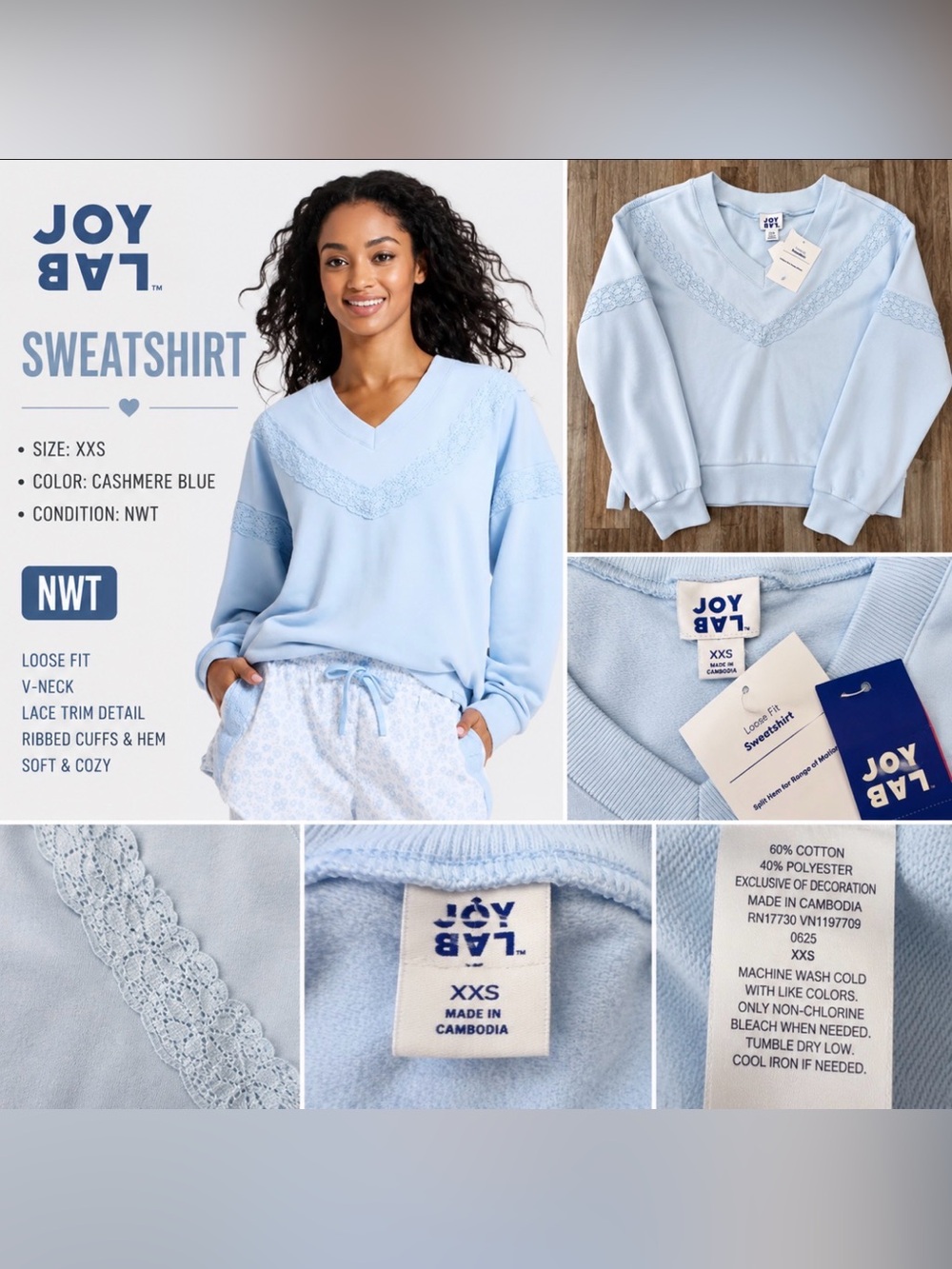 NWT JoyLab Lace Trim V-Neck Sweatshirt Cashmere Blue XXS Loose Fit